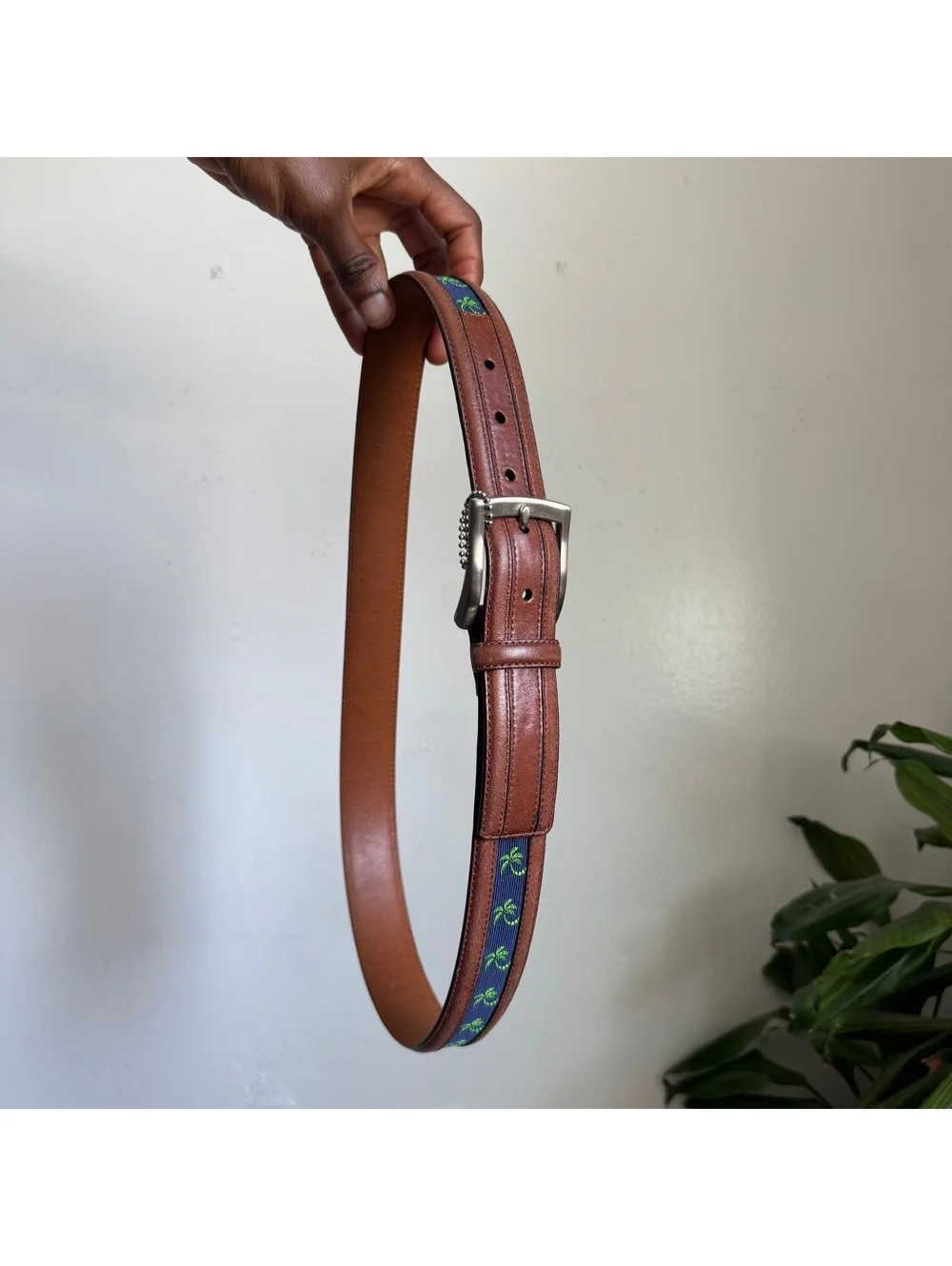 Vintage Preppy Embroidered Palm Tree Surcingle leather Belt fits like L